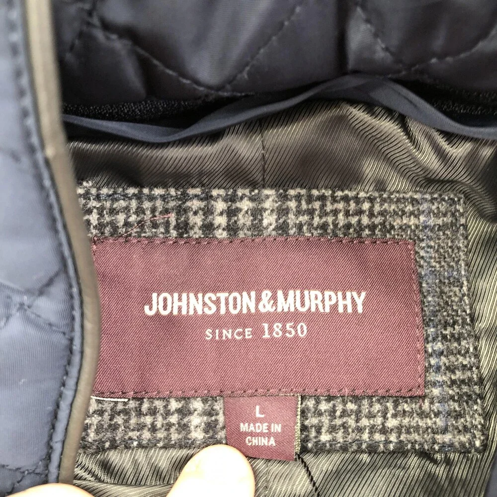 Johnston & Murphy Coat Mens Large Blue Wool Check Tweed Quilted Lined Overcoat